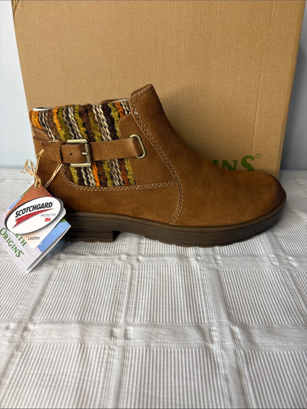 Earth Origins Brown Suede Ankle Boots with Multicolor Knit Cuff Side Zip 10W - Picture 2 of 9